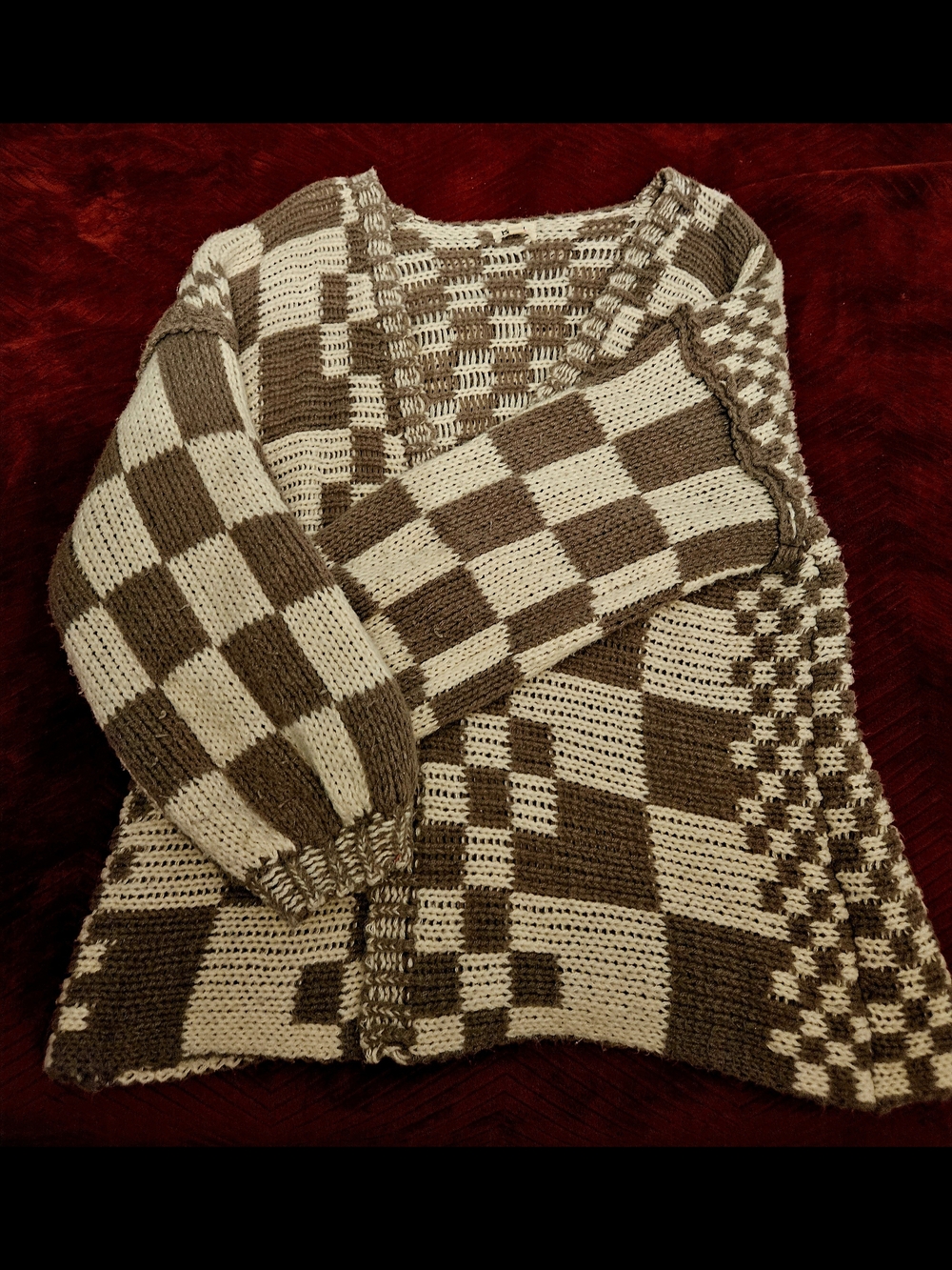 Chunky Checkerboard Knit Sweater in Brown and Cream - Women's